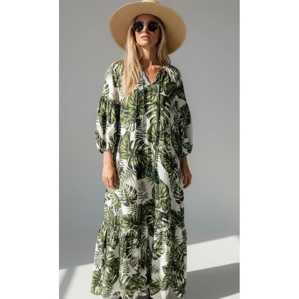 Monstera Leaf Tropical Maxi Kaftan Dress Oversized Small Boho Summer